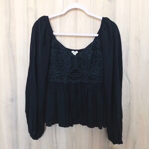Main Strip Lace Babydoll Peasant Blouse Size M Black‎ Boho Witchy Dark Cottage